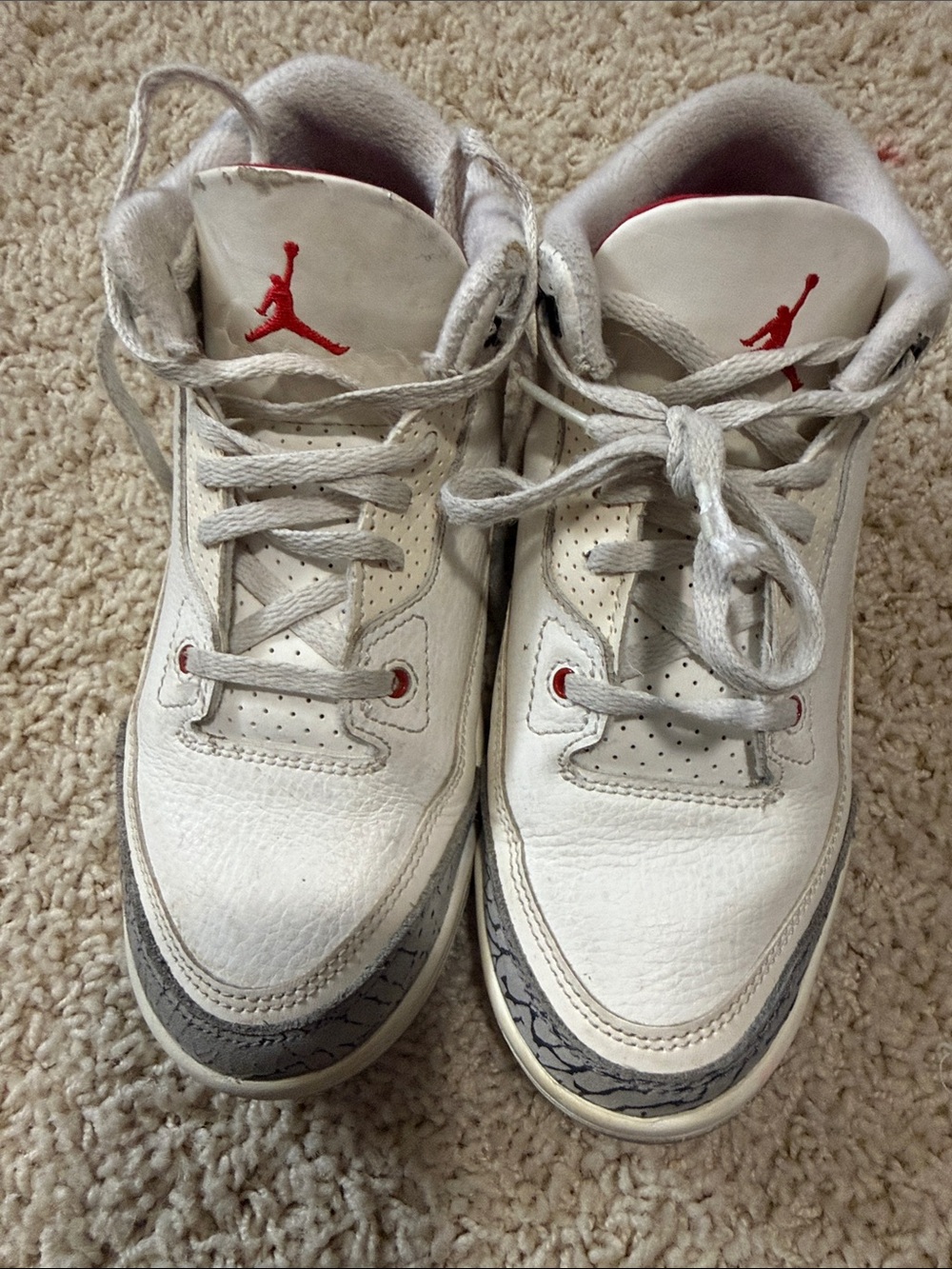 Jordan 3 Retro Kids White Sneakers with Red Jumpman and Gray Accents